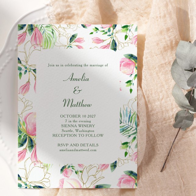 Invitación Acuarela Magnolia Flor Boda Oro Rosa (Subido por el creador)