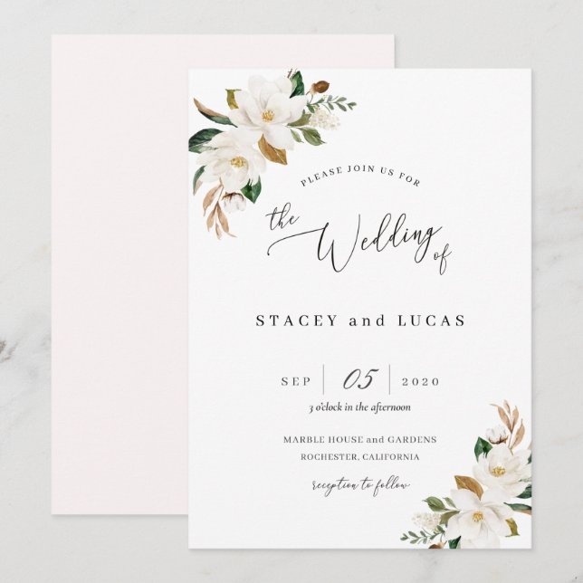 Invitación Acuarela Magnolia Floral (Anverso / Reverso)