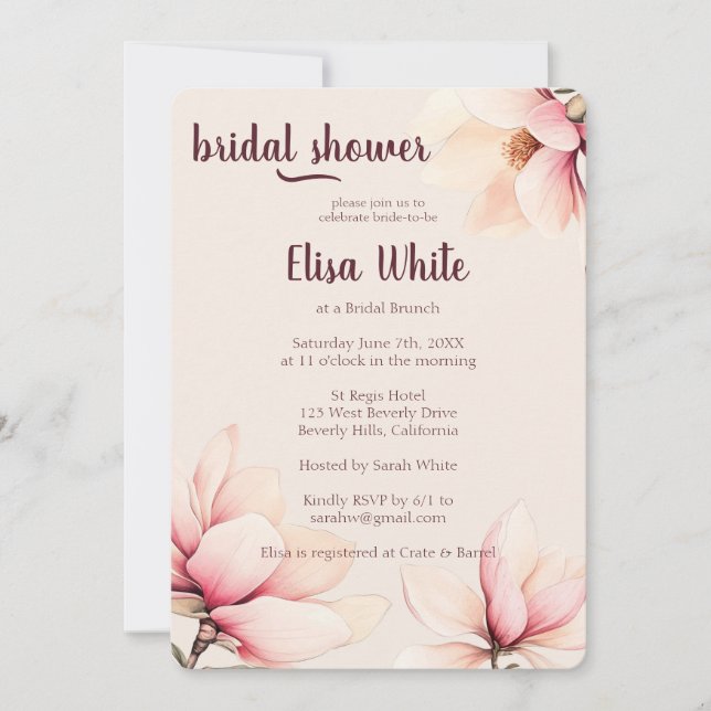 Invitación Acuarela Magnolia Floral Bridal Shower PERSONALIZA (Anverso)