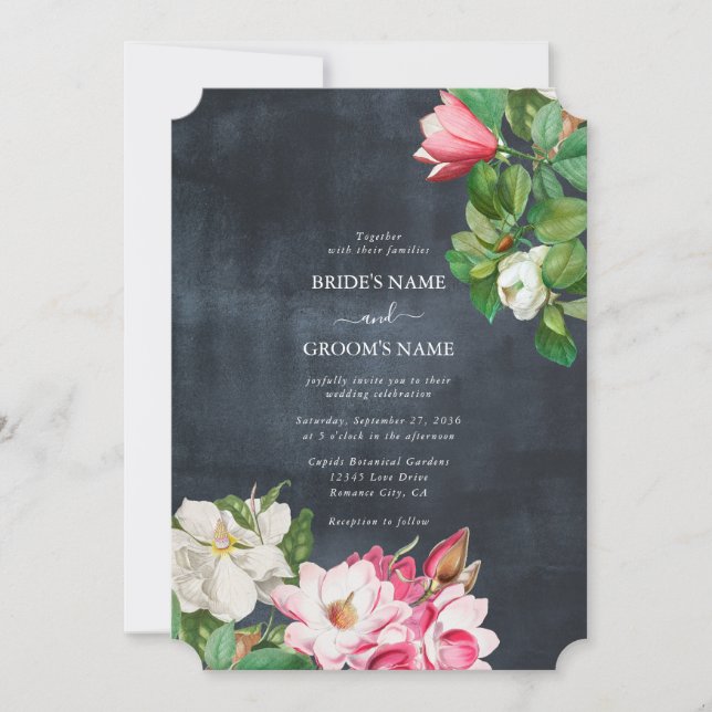 Invitación Acuarela Magnolia Flores Boda Blanco Negro (Anverso)