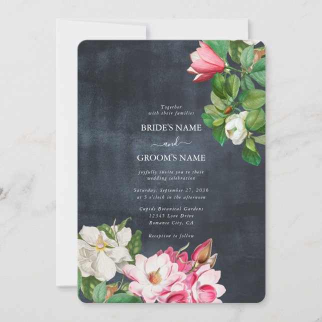 Invitación Acuarela Magnolia Flores Boda Blanco Negro (Anverso)