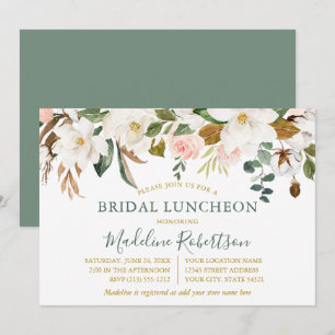Invitación Acuarela Magnolia Rosas Bridal Lunch Sage Green