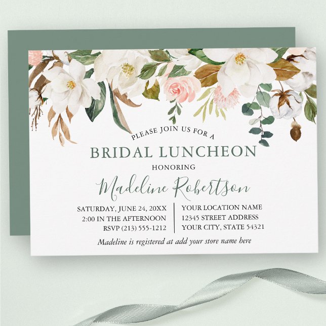 Invitación Acuarela Magnolia Rosas Sage Green Bridal Lunch (Customize to change text color, text style or color of back of card.)