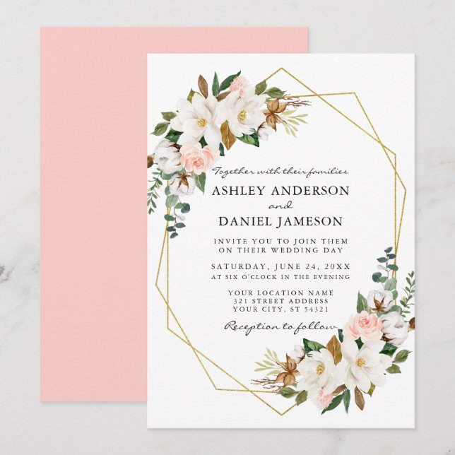 Invitación Acuarela Magnolias Blancas Roses Rosa Rosa Oro Bod (Anverso / Reverso)