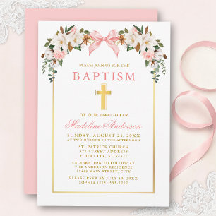 Invitación Acuarela Magnolias Rosas Arco Rosa Oro Bautizo