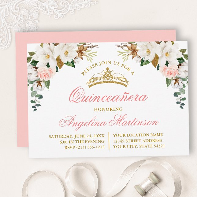 Invitación Acuarela Magnolias rosas rosas Quinceanera (Customize to change text color, size, style or to change color of back of card.)