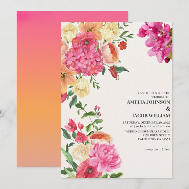 Invitación Acuarela mantequilla floral boda primavera amarill (Anverso / Reverso)