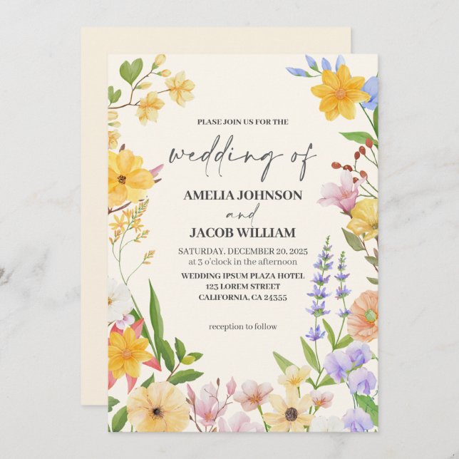 Invitación Acuarela mantequilla floral boda primavera amarill (Anverso / Reverso)