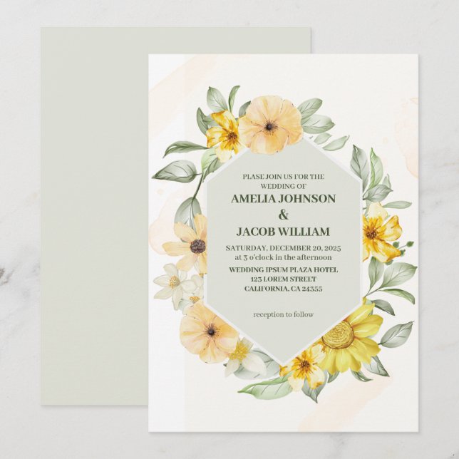 Invitación Acuarela mantequilla floral sage amarillo boda ver (Anverso / Reverso)