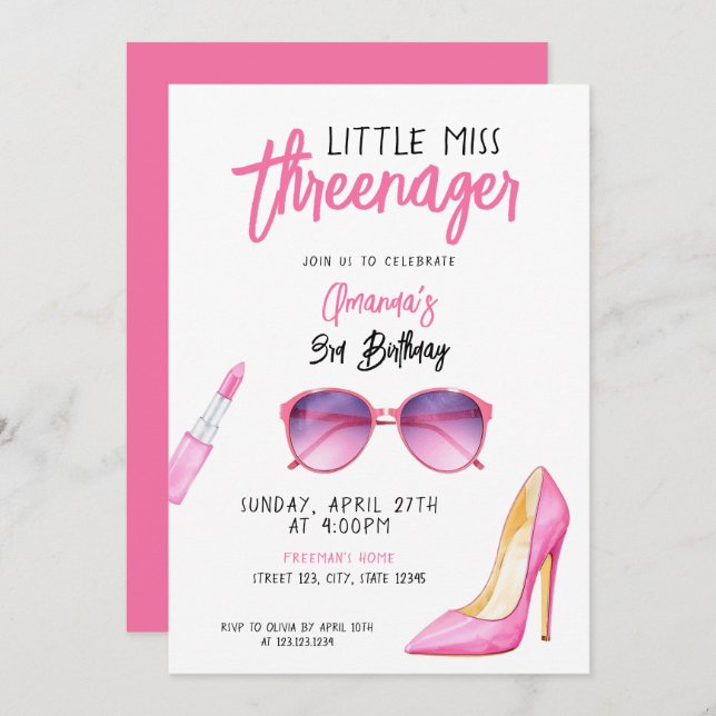 Invitación Acuarela Maquillaje Rosa Tema Tercer Cumpleaños (Anverso / Reverso)