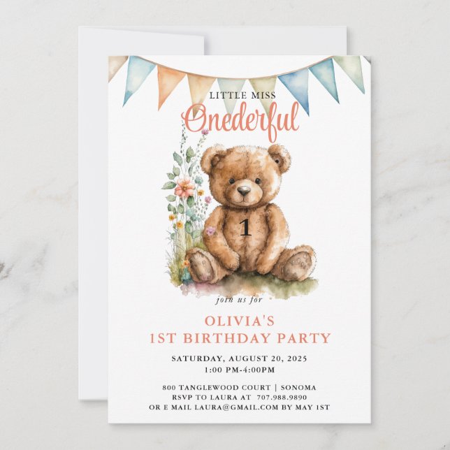 Invitación Acuarela Maravilloso Chica de Oso de Teddy Primer  (Anverso)