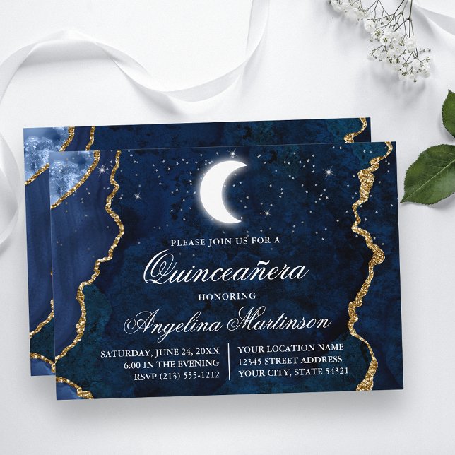 Invitación Acuarela Marble azul Celestial Quinceanera (Customize to change text size, text style or to add more text to back of card.)