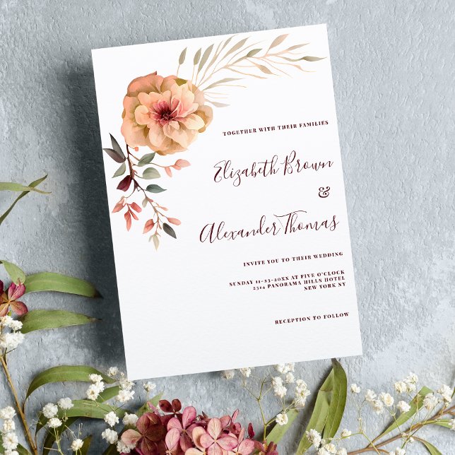 Invitación Acuarela marfil rosa burdeos menta boda floral (Watercolor ivory pink burgundy mint floral wedding)
