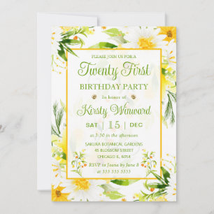 Invitación Acuarela Margaritas Amarillas y Blancas Cumpleaños