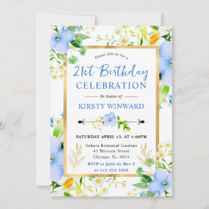 Invitación Acuarela Margaritas y Flores Azules Cumpleaños 21