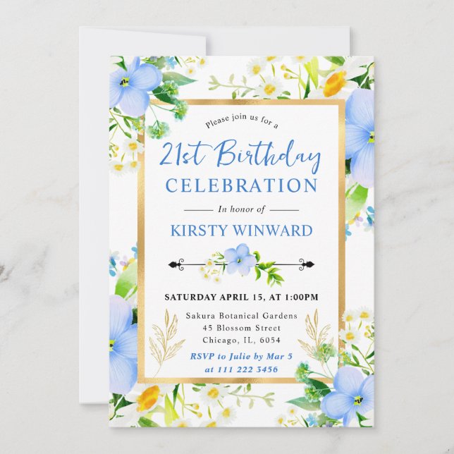 Invitación Acuarela Margaritas y Flores Azules Cumpleaños 21 (Anverso)