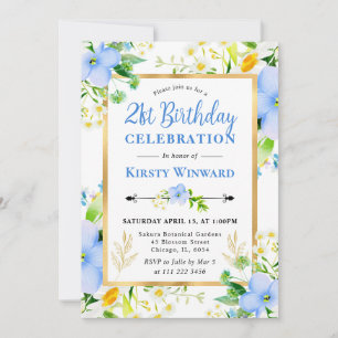Invitación Acuarela Margaritas y Flores Azules Cumpleaños 21