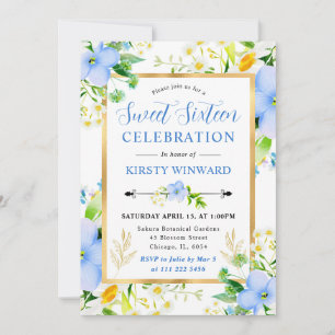 Invitación Acuarela Margaritas y Flores Azules Dulces 16
