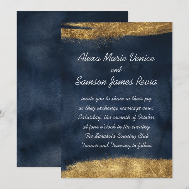 Invitación Acuarela marina con oro (Anverso / Reverso)