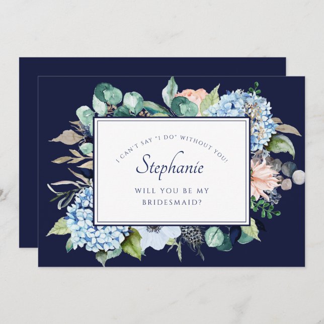 Invitación Acuarela Marina Floral Azul Hidrangea Bridesmaid (Anverso / Reverso)