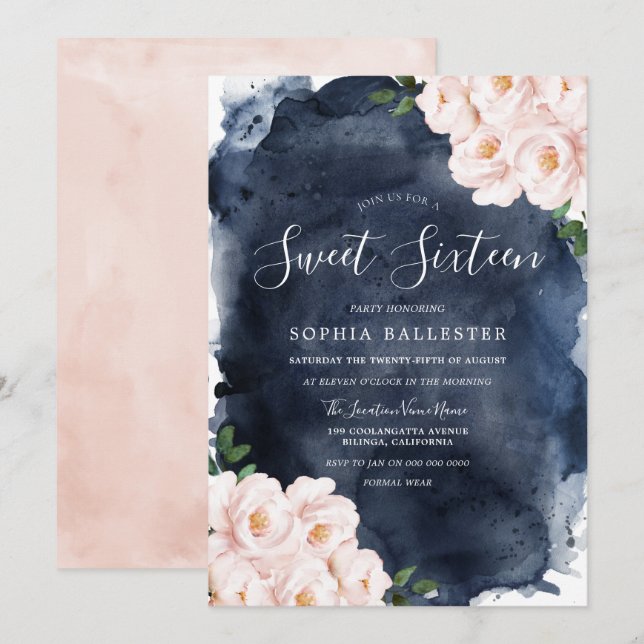 Invitación Acuarela marina Hermosa Rubor Floral Sweet 16 (Anverso / Reverso)