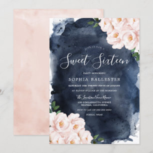 Invitación Acuarela marina Hermosa Rubor Floral Sweet 16