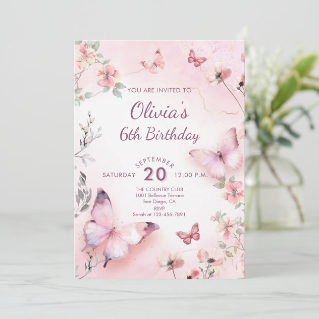 Invitación Acuarela Mariposas Rosadas Chica Floral Cumpleaños (Anverso de pie)
