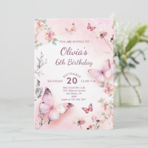 Invitación Acuarela Mariposas Rosadas Chica Floral Cumpleaños