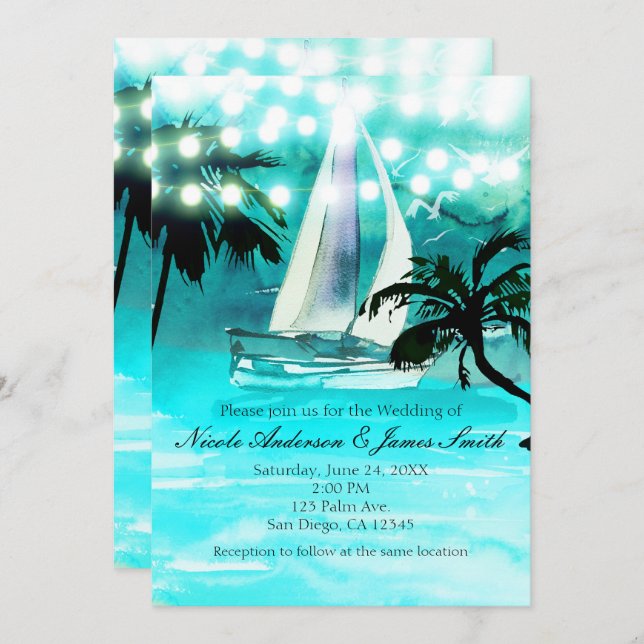 Invitación Acuarela Marítima Palm Tres & String Lights (Anverso / Reverso)