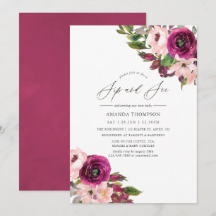 Invitación Acuarela Marsala y Floral Rosado para Brindis y Vi