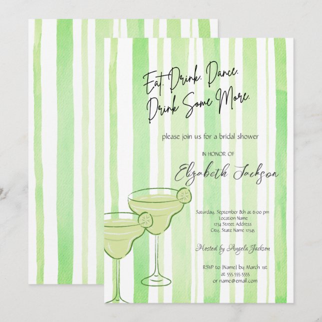 Invitación Acuarela Martini Green Stripes Brillante Ducha (Anverso / Reverso)