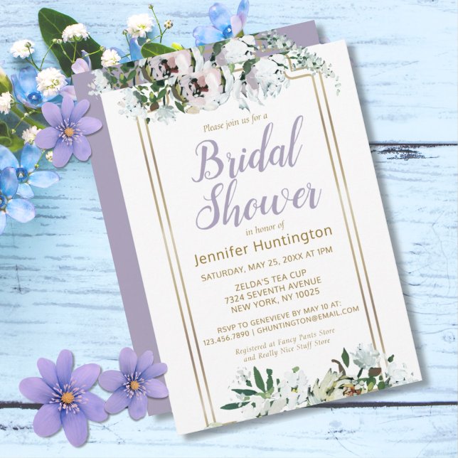 Invitación Acuarela Mediano Verano Floral Lavanda Bridal Duch (Pretty Watercolor Rose Lavender Bridal Shower Invitation)