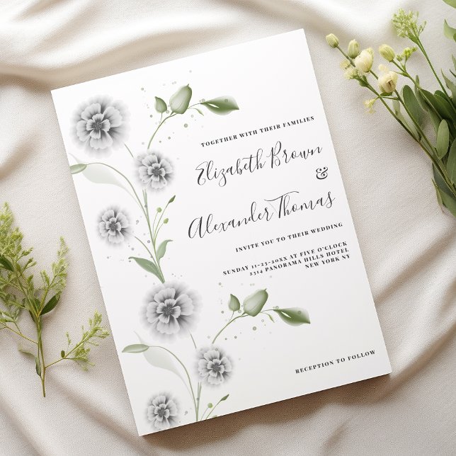 Invitación Acuarela menta blanca amapola hojas florales boda (Watercolor mint white poppy floral leaves wedding)
