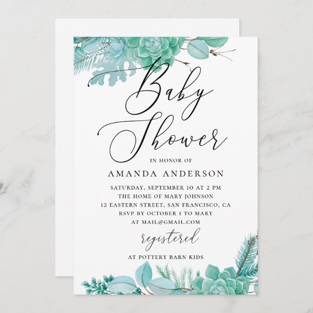 Invitación Acuarela menta suculento floral ducha de bebé (Anverso / Reverso)