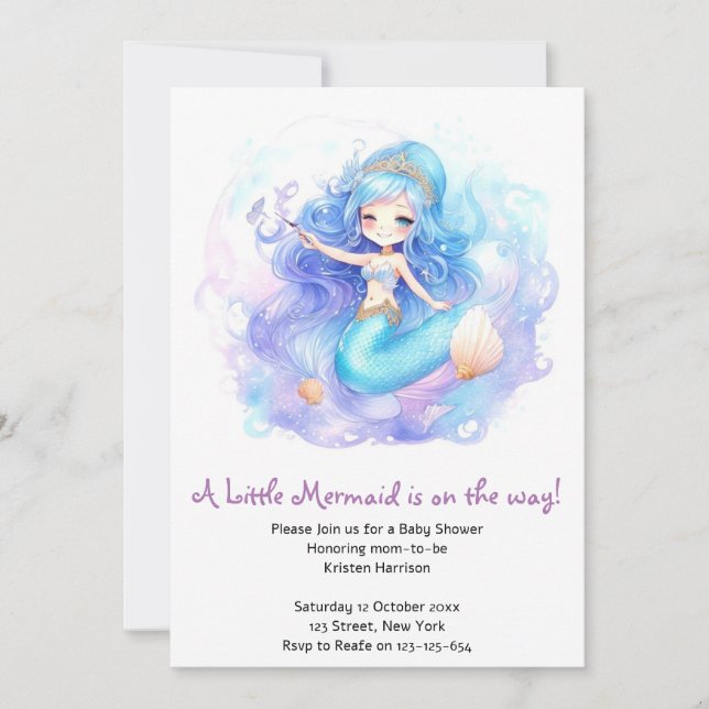 Invitación Acuarela Mermaid Baby Shower (Anverso)