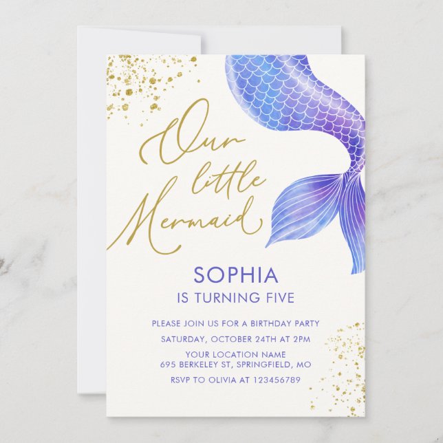 Invitación Acuarela Mermaid Tail Gold Purpurina Cumpleaños (Anverso)