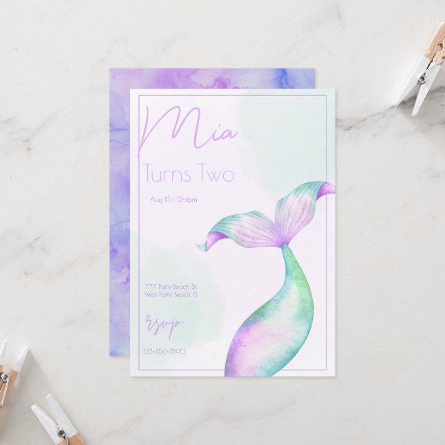 Invitación Acuarela Mermaid Tail Mermaid Sea Chicas Cumpleaño (Anverso/Reverso In Situ)
