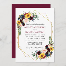 Invitación Acuarela Mezcla Floral Borgoña Boda Geométrica