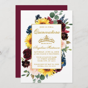 Invitación Acuarela Mezcla Floral Borgoña Quinceanera
