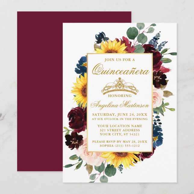 Invitación Acuarela Mezcla Floral Borgoña Quinceanera (Anverso / Reverso)
