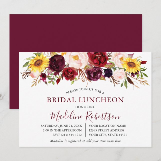 Invitación Acuarela Mezclada Floral Borgoña Noche Luncheon (Anverso / Reverso)