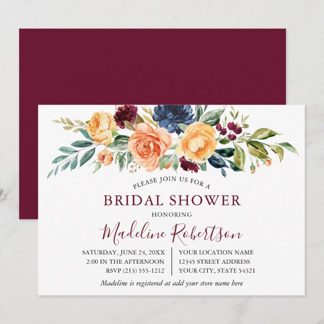 Invitación Acuarela Mezclada Floral Bridal Shower Borgoña (Anverso / Reverso)
