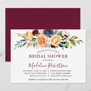 Invitación Acuarela Mezclada Floral Bridal Shower Borgoña