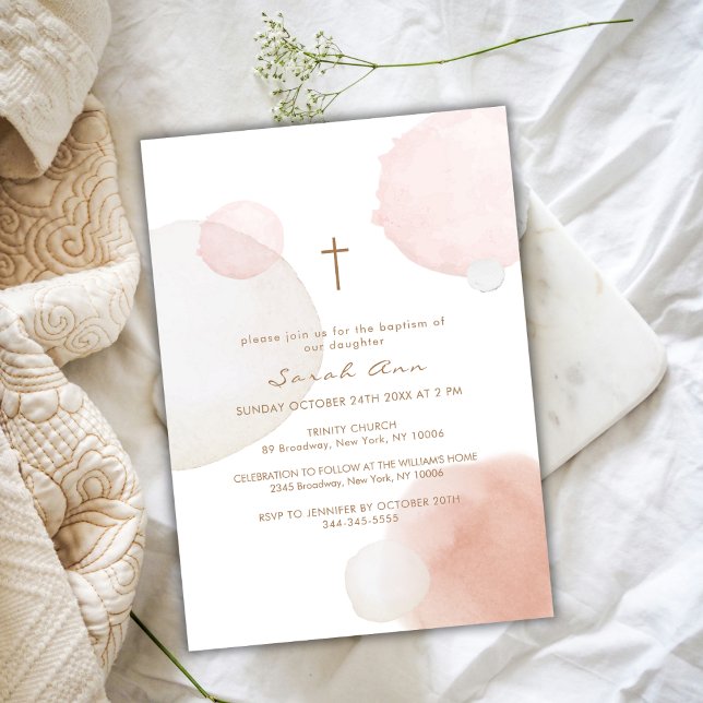 Invitación Acuarela mínima Boho Gold Cross Baptism (Minimal Watercolor Boho Gold Cross Baptism Invitation)