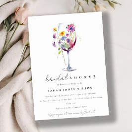 Invitación Acuarela Mínima Floral Vino Vidrio Ducha Bridal