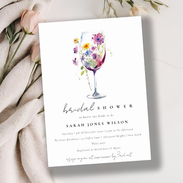 Invitación Acuarela Mínima Floral Vino Vidrio Ducha Bridal (Subido por el creador)