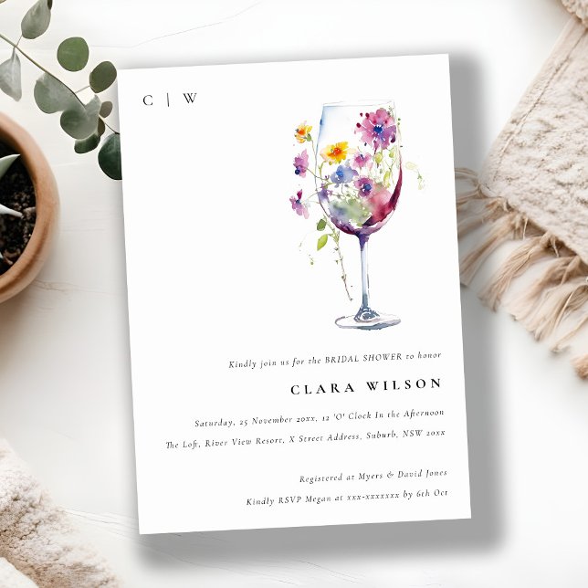 Invitación Acuarela Mínima Floral Vino Vidrio Ducha Bridal (Subido por el creador)
