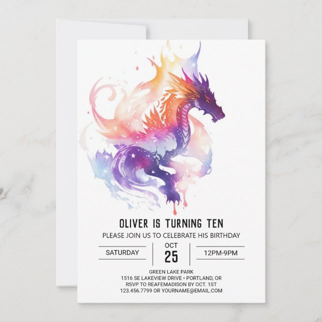 Invitación Acuarela mítica Niños Dragón Cumpleaños (Anverso)