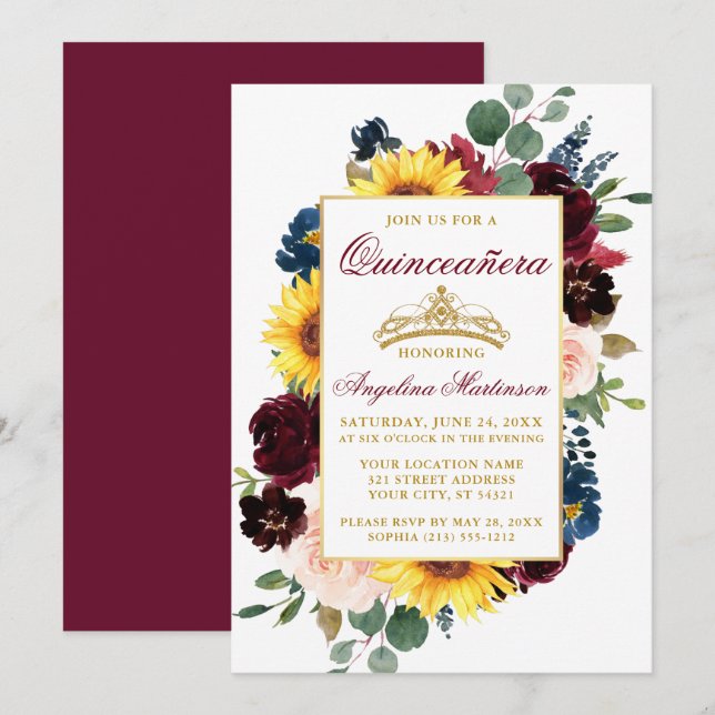 Invitación Acuarela Mixed Burgundy Floral Gold Quinceanera (Anverso / Reverso)