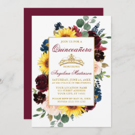 Invitación Acuarela Mixed Burgundy Floral Gold Quinceanera